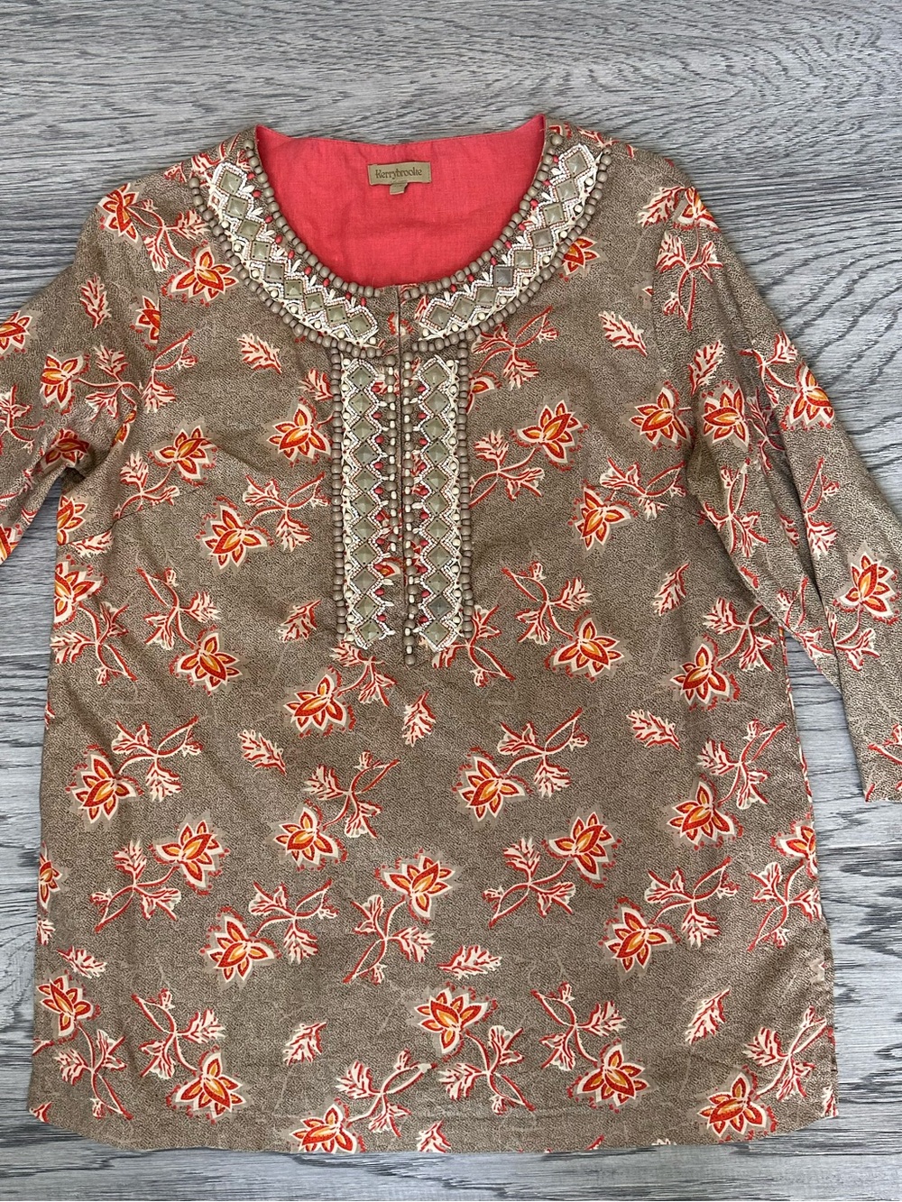 Embroidered Floral Tunic Top - Brown & Coral
